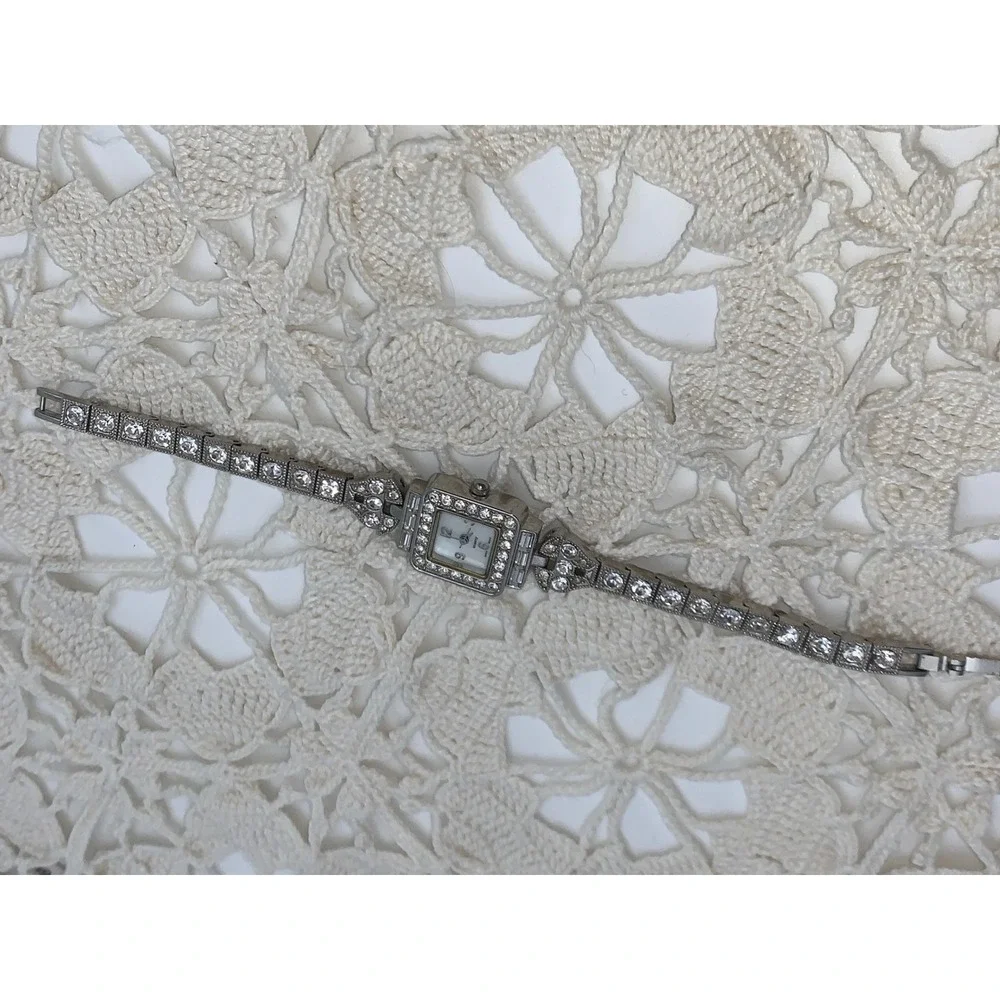 Vintage Silver Tone Crystal Square Face Cocktail Watch Japan Movt Art Deco Style